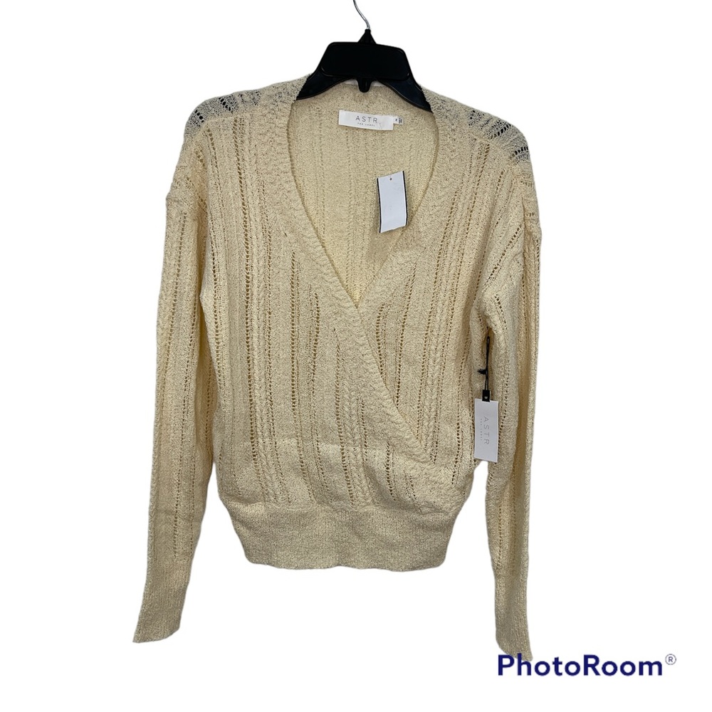 ASTR the Label Pointelle Wrap Sweater Open Knit  V-neck Size Medium Cream